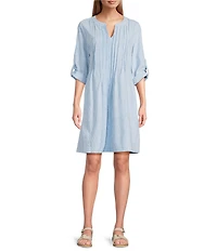 John Mark Woven Stripe Pintuck Split V-Neck 3/4 Roll-Tab Sleeve Shift Dress