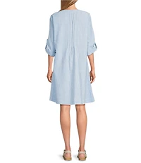 John Mark Woven Stripe Pintuck Split V-Neck 3/4 Roll-Tab Sleeve Shift Dress