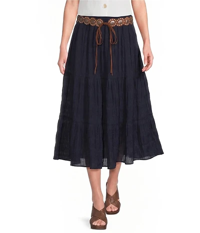 John Mark Woven Textured Tiered Belted Skirt