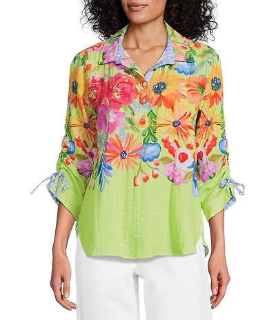 John Mark Woven Watercolor Floral Point Collar 3/4 Cinched Sleeve Popover Tunic