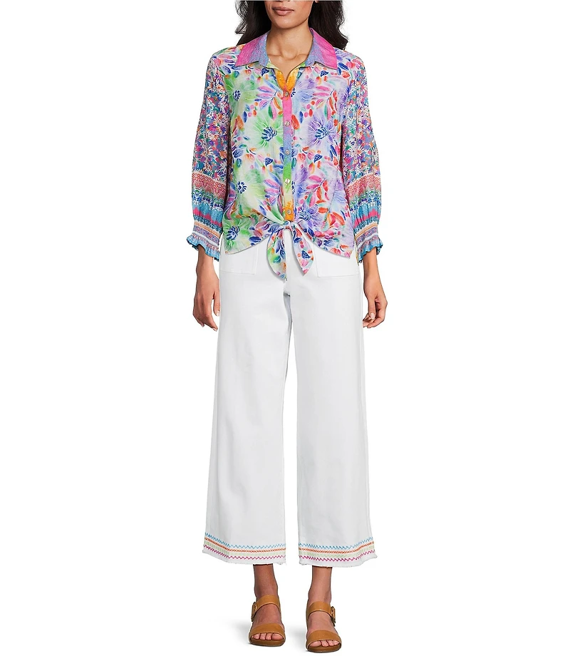 John Mark Woven Wide Leg Embroidered Hem Ankle Pants