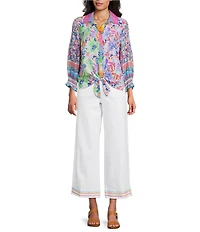 John Mark Woven Wide Leg Embroidered Hem Ankle Pants