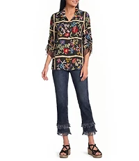 John Mark Woven Window Pane Floral Print Spread Collar 3/4 Sleeve Shirt