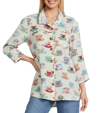 John Mark Woven Wire Collar 3/4 Sleeve Button Front Coffee Cup Camp Shirt