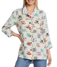 John Mark Woven Wire Collar 3/4 Sleeve Button Front Coffee Cup Camp Shirt