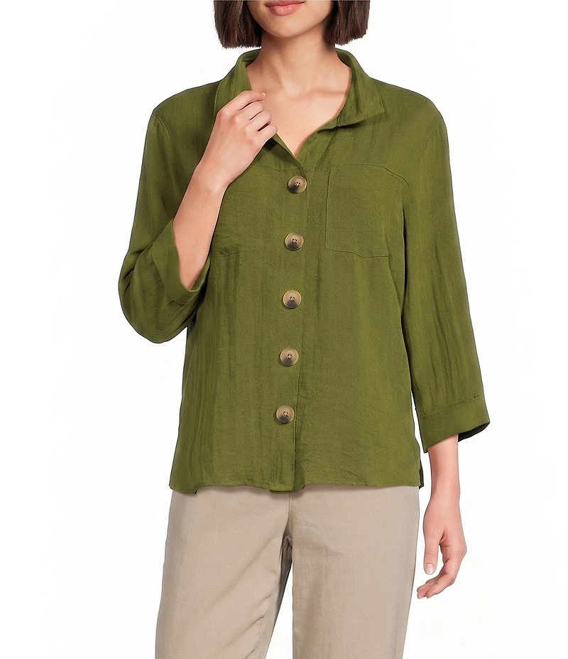 John Mark Woven Wire Collar 3/4 Sleeve Button Front Shirt