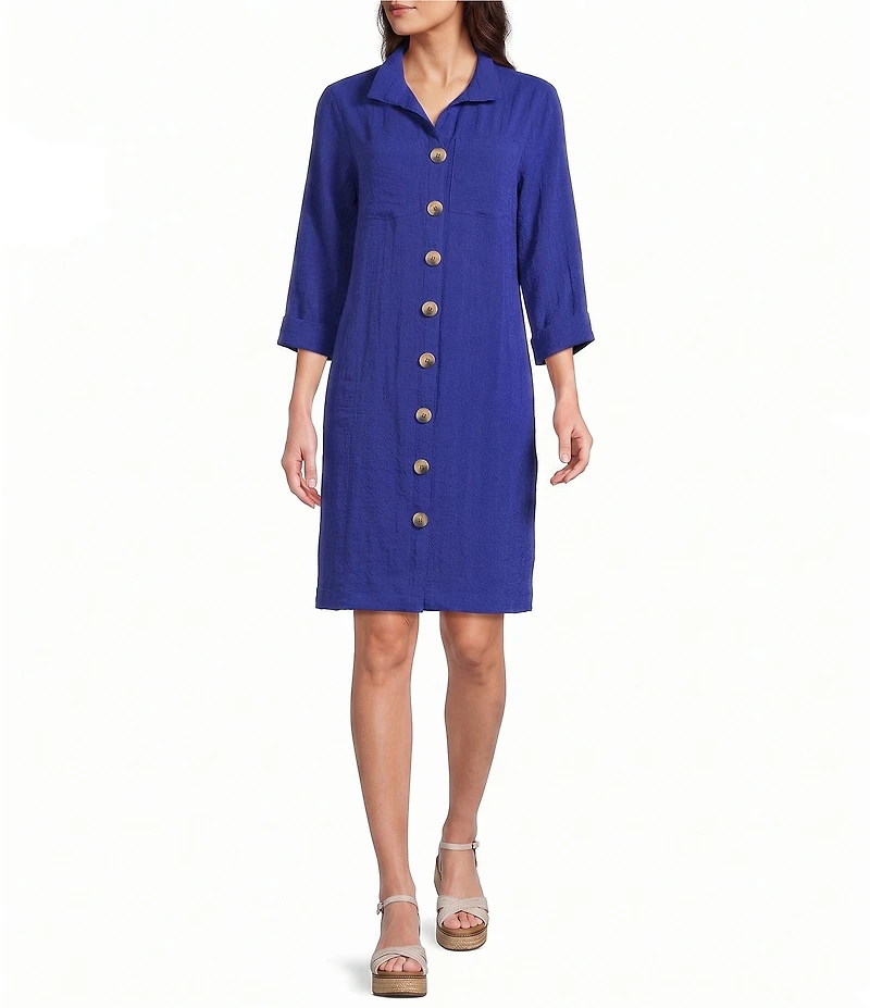 John Mark Woven Wire Collar 3/4 Sleeve Button Front Shirt Dress