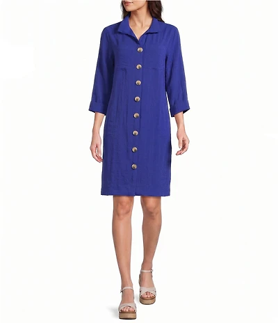 John Mark Woven Wire Collar 3/4 Sleeve Button Front Shirt Dress