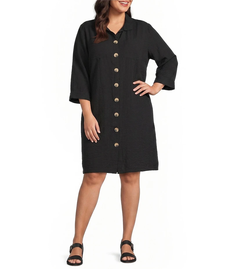 John Mark Woven Wire Collar 3/4 Sleeve Button Front Shirt Dress