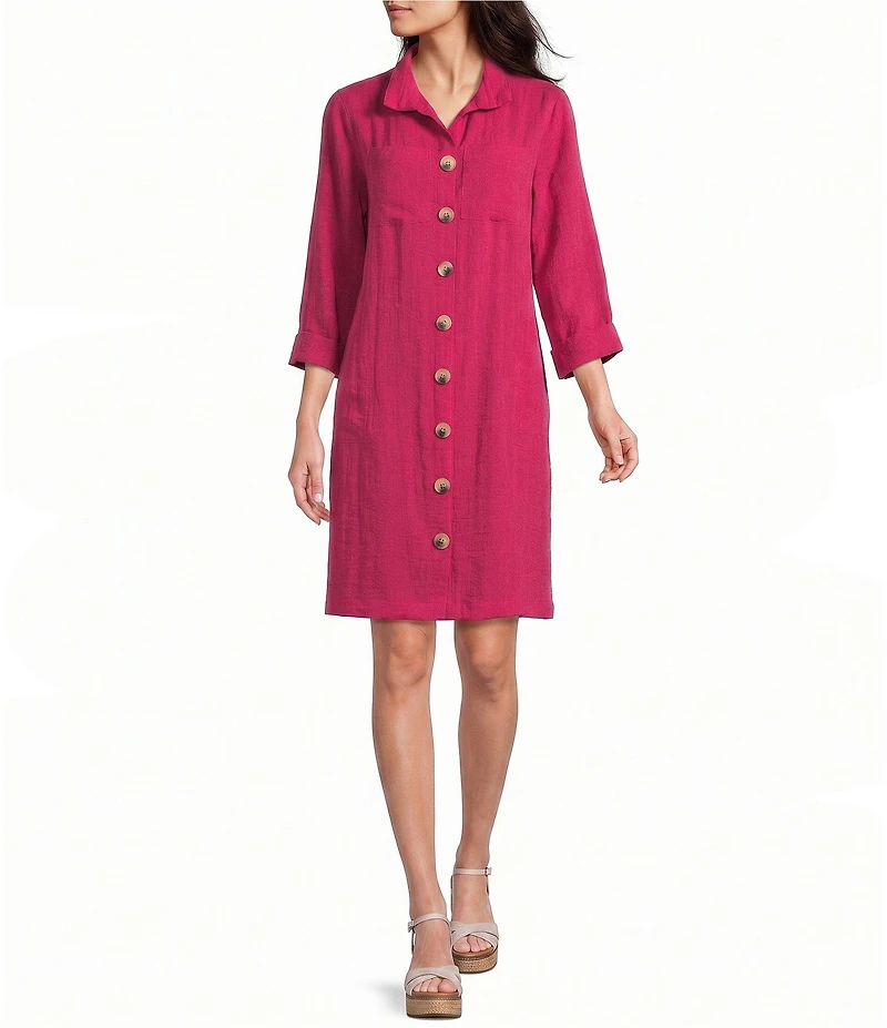 John Mark Woven Wire Collar 3/4 Sleeve Button Front Shirt Dress