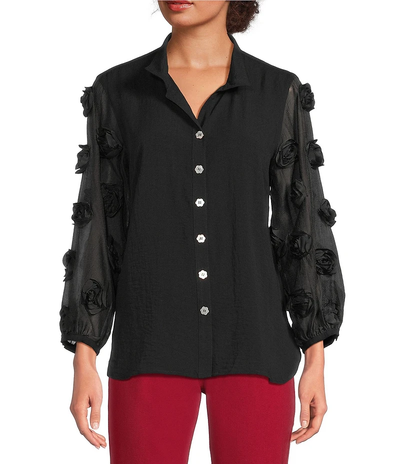John Mark Woven Wire Collar Sheer 3D 3/4 Rosette Sleeve Button Front Blouse