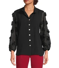 John Mark Woven Wire Collar Sheer 3D 3/4 Rosette Sleeve Button Front Blouse