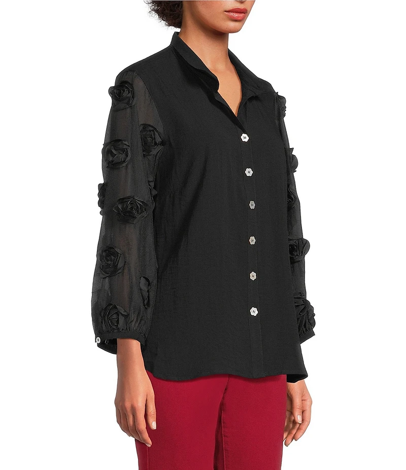 John Mark Woven Wire Collar Sheer 3D 3/4 Rosette Sleeve Button Front Blouse