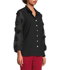 John Mark Woven Wire Collar Sheer 3D 3/4 Rosette Sleeve Button Front Blouse