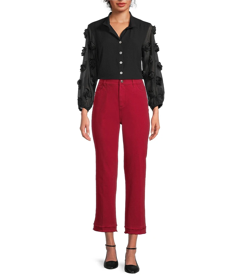 John Mark Woven Wire Collar Sheer 3D 3/4 Rosette Sleeve Button Front Blouse