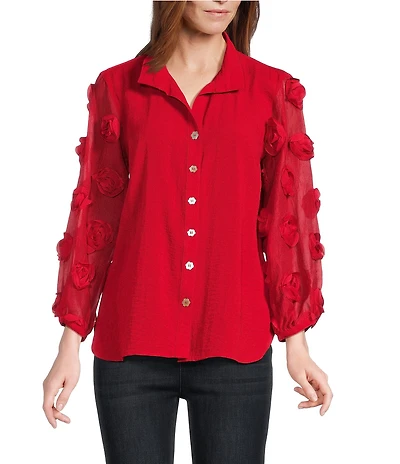 John Mark Woven Wire Collar Sheer 3D 3/4 Rosette Sleeve Button Front Blouse