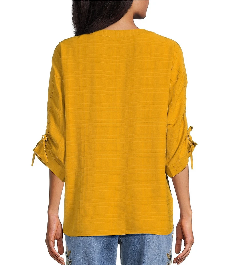 John Mark Woven Y-Neck 3/4 Cinched Sleeve Hi-Low Hem Tunic