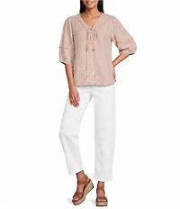 John Mark Woven Yarn-Dye Stripe Lace Up V-Neck 3/4 Sleeve Frayed Top