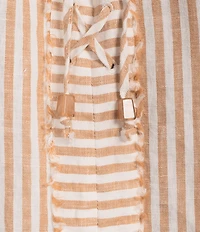 John Mark Woven Yarn-Dye Stripe Lace Up V-Neck 3/4 Sleeve Frayed Top