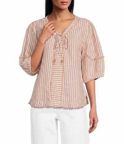 John Mark Woven Yarn-Dye Stripe Lace Up V-Neck 3/4 Sleeve Frayed Top