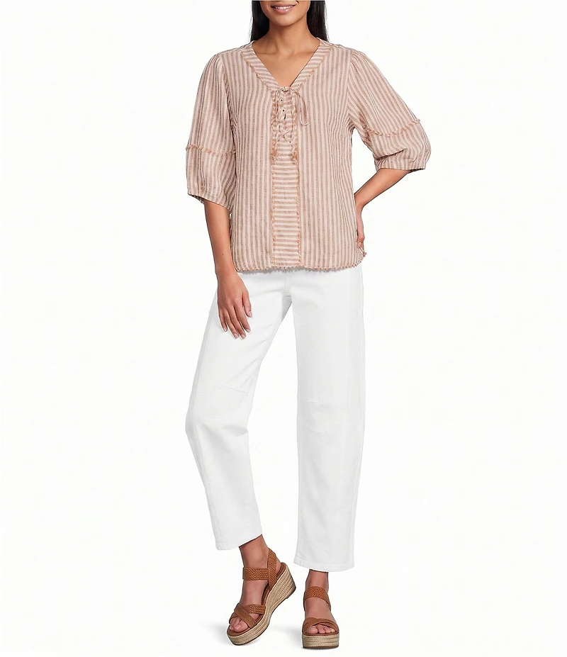 John Mark Woven Yarn-Dye Stripe Lace Up V-Neck 3/4 Sleeve Frayed Top