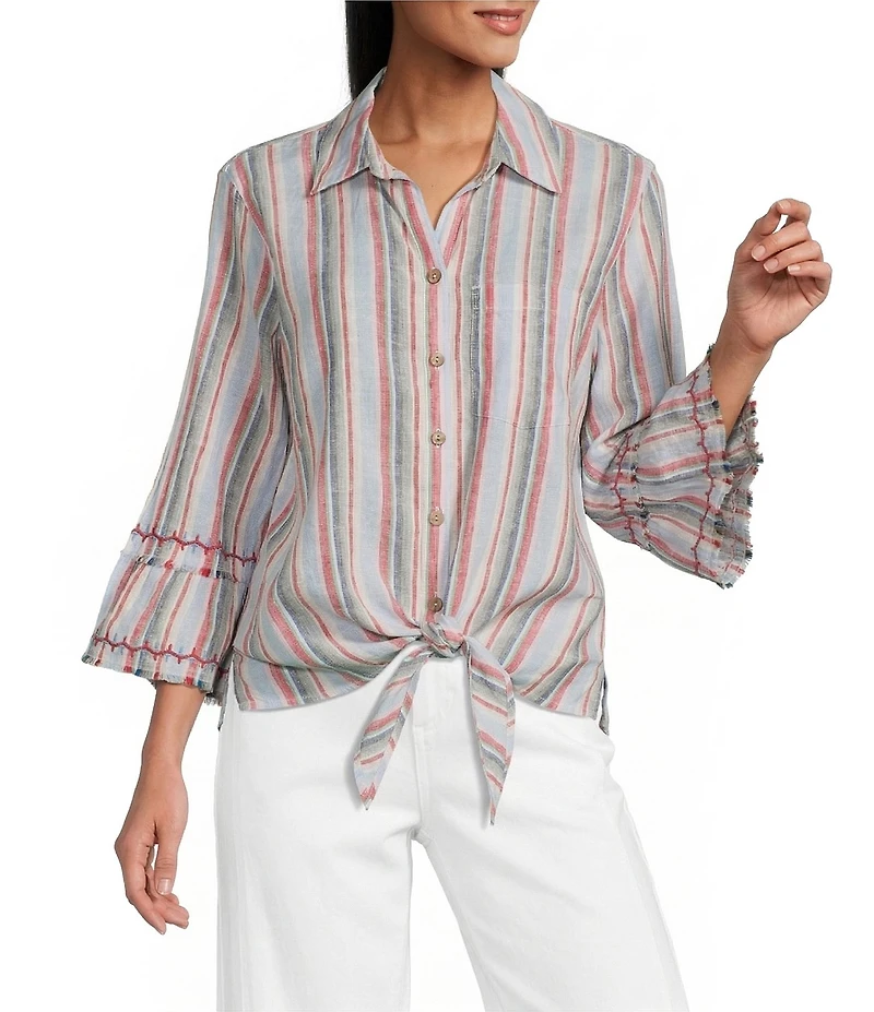 John Mark Woven Yarn Dye Stripe Point Collar 3/4 Sleeve Zig-Zag Embroidered Ruffle Cuff Tie Front Shirt
