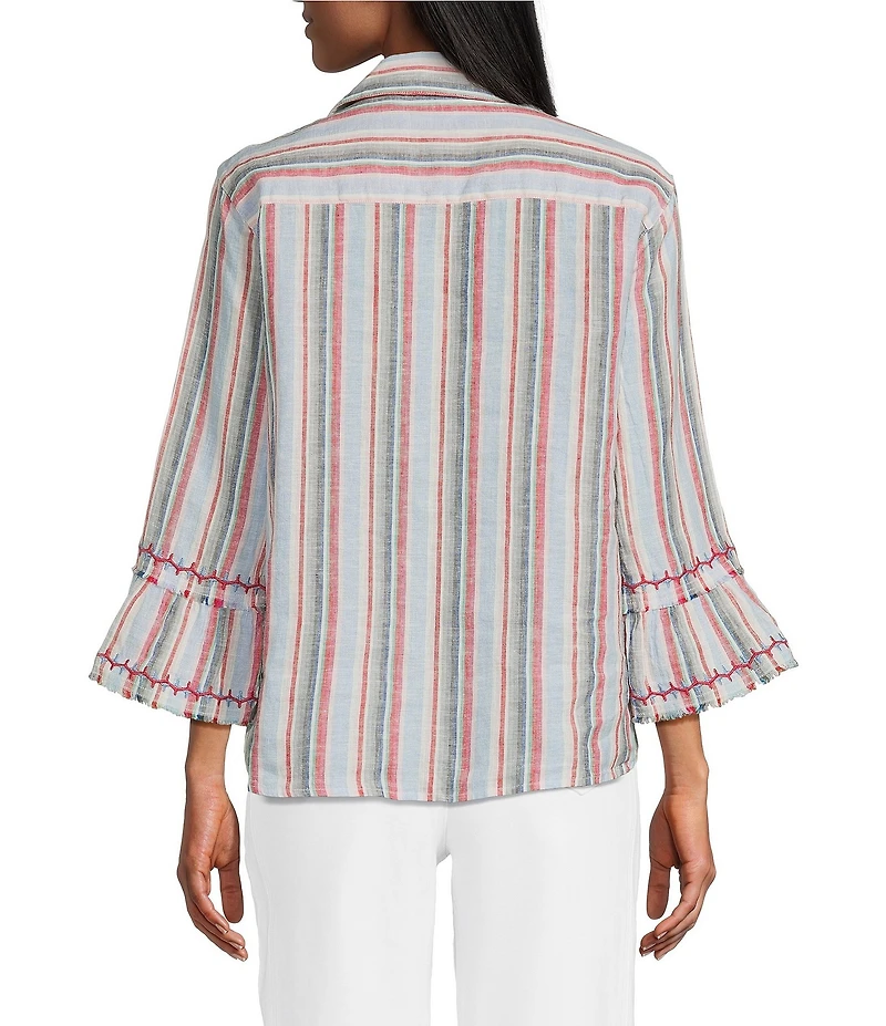John Mark Woven Yarn Dye Stripe Point Collar 3/4 Sleeve Zig-Zag Embroidered Ruffle Cuff Tie Front Shirt