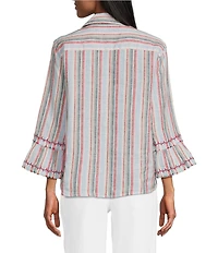 John Mark Woven Yarn Dye Stripe Point Collar 3/4 Sleeve Zig-Zag Embroidered Ruffle Cuff Tie Front Shirt