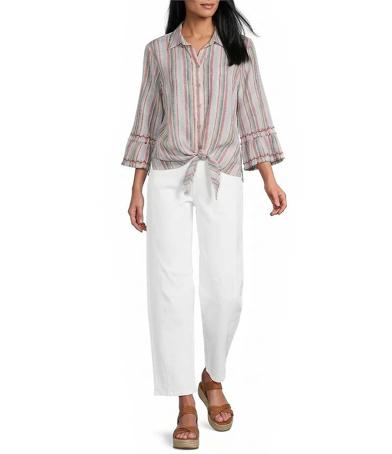 John Mark Woven Yarn Dye Stripe Point Collar 3/4 Sleeve Zig-Zag Embroidered Ruffle Cuff Tie Front Shirt