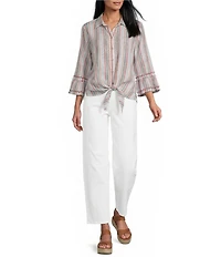 John Mark Woven Yarn Dye Stripe Point Collar 3/4 Sleeve Zig-Zag Embroidered Ruffle Cuff Tie Front Shirt