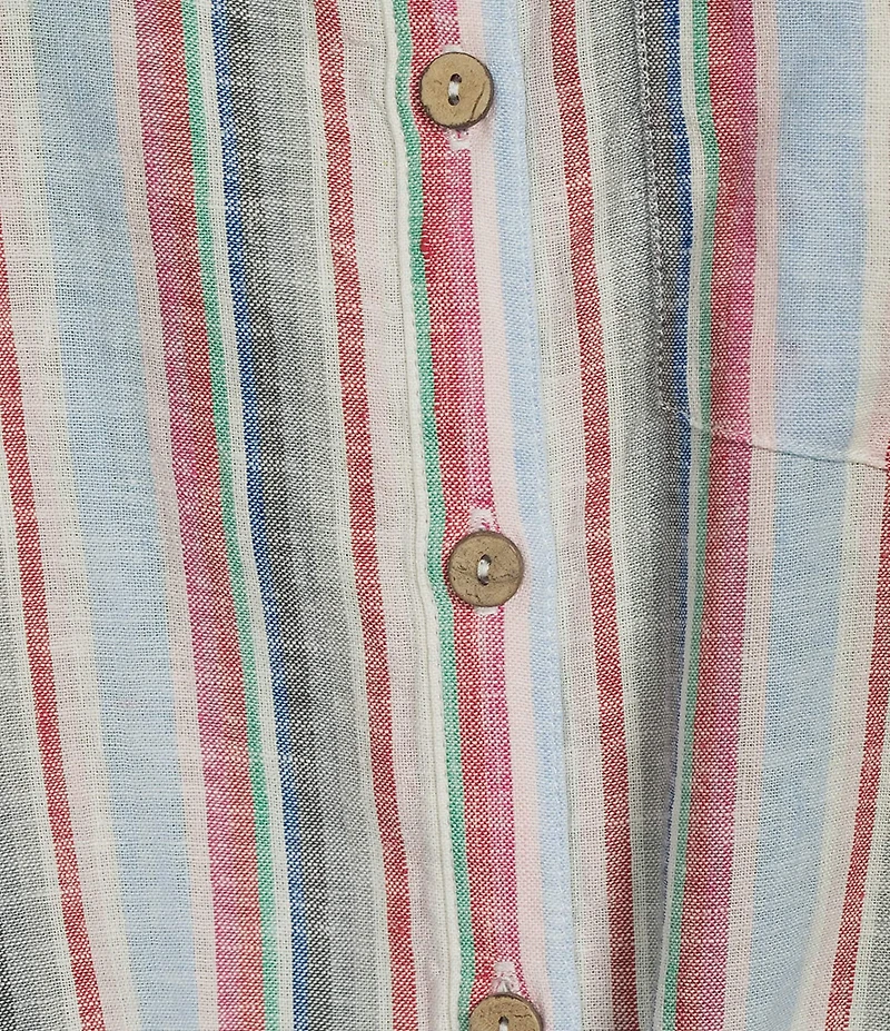 John Mark Woven Yarn Dye Stripe Point Collar 3/4 Sleeve Zig-Zag Embroidered Ruffle Cuff Tie Front Shirt