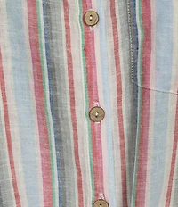 John Mark Woven Yarn Dye Stripe Point Collar 3/4 Sleeve Zig-Zag Embroidered Ruffle Cuff Tie Front Shirt