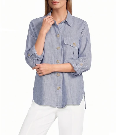 John Mark Woven Yarn-Dye Stripe Point Collar Long Roll-Tab Sleeve Button-Front Shirt