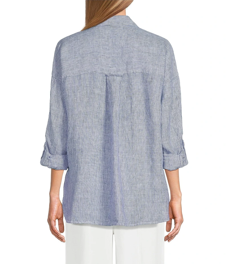 John Mark Woven Yarn-Dye Stripe Point Collar Long Roll-Tab Sleeve Button-Front Shirt