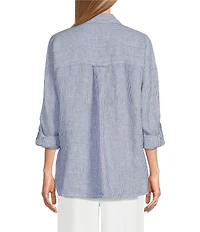 John Mark Woven Yarn-Dye Stripe Point Collar Long Roll-Tab Sleeve Button-Front Shirt
