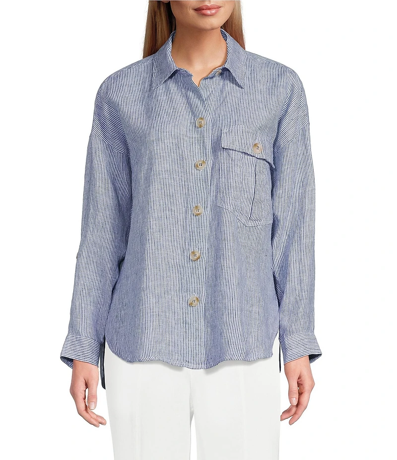 John Mark Woven Yarn-Dye Stripe Point Collar Long Roll-Tab Sleeve Button-Front Shirt
