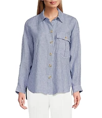 John Mark Woven Yarn-Dye Stripe Point Collar Long Roll-Tab Sleeve Button-Front Shirt