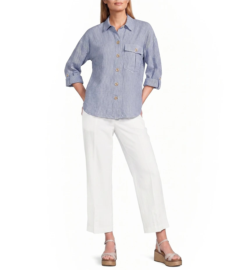 John Mark Woven Yarn-Dye Stripe Point Collar Long Roll-Tab Sleeve Button-Front Shirt