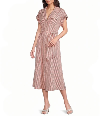 John Mark Woven Yarn Dyed Stripe Notch Lapel Short Sleeve Tie Waist A-Line Midi Dress