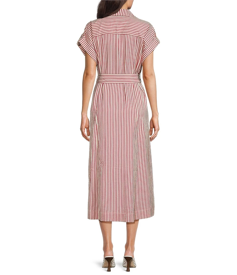 John Mark Woven Yarn Dyed Stripe Notch Lapel Short Sleeve Tie Waist A-Line Midi Dress