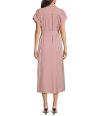 John Mark Woven Yarn Dyed Stripe Notch Lapel Short Sleeve Tie Waist A-Line Midi Dress