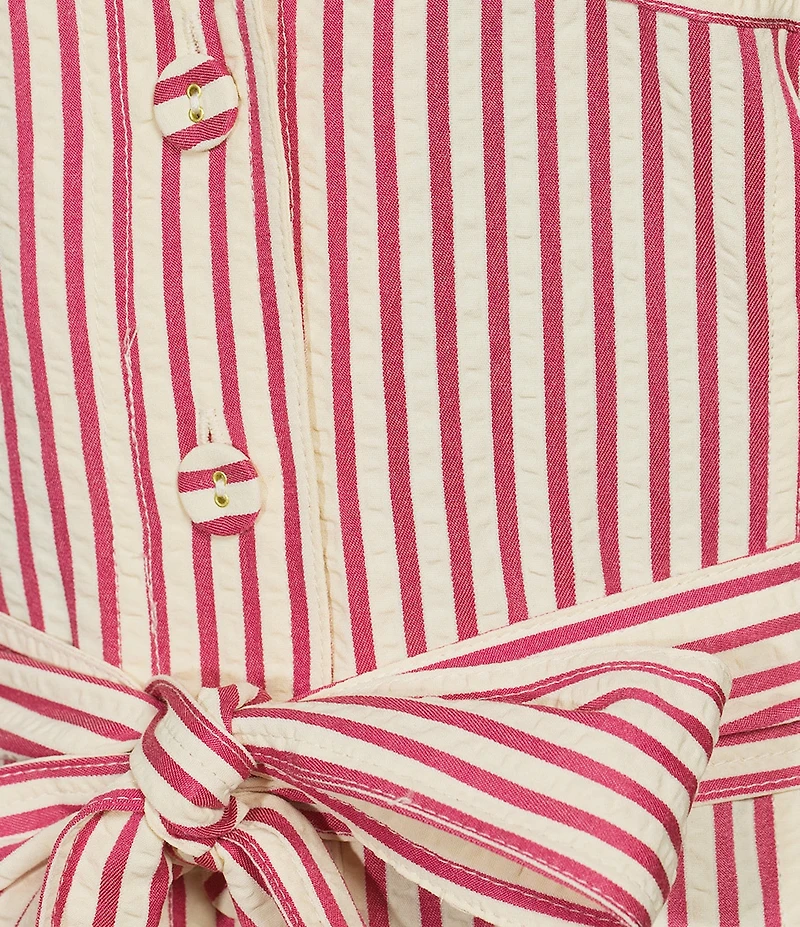 John Mark Woven Yarn Dyed Stripe Notch Lapel Short Sleeve Tie Waist A-Line Midi Dress