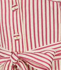 John Mark Woven Yarn Dyed Stripe Notch Lapel Short Sleeve Tie Waist A-Line Midi Dress