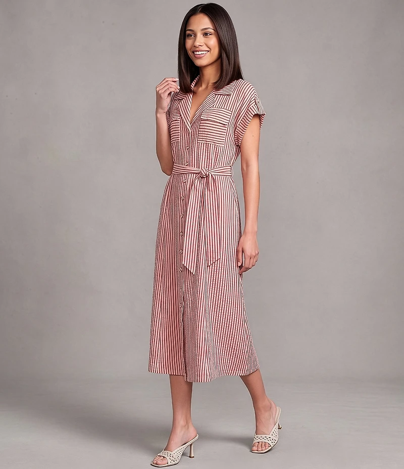 John Mark Woven Yarn Dyed Stripe Notch Lapel Short Sleeve Tie Waist A-Line Midi Dress