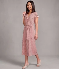 John Mark Woven Yarn Dyed Stripe Notch Lapel Short Sleeve Tie Waist A-Line Midi Dress