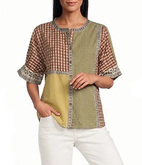 John Mark Yarn Dyed Mixed Check Patchwork Embroidered Band Collar Dolman Elbow Sleeve Button Front Shirt