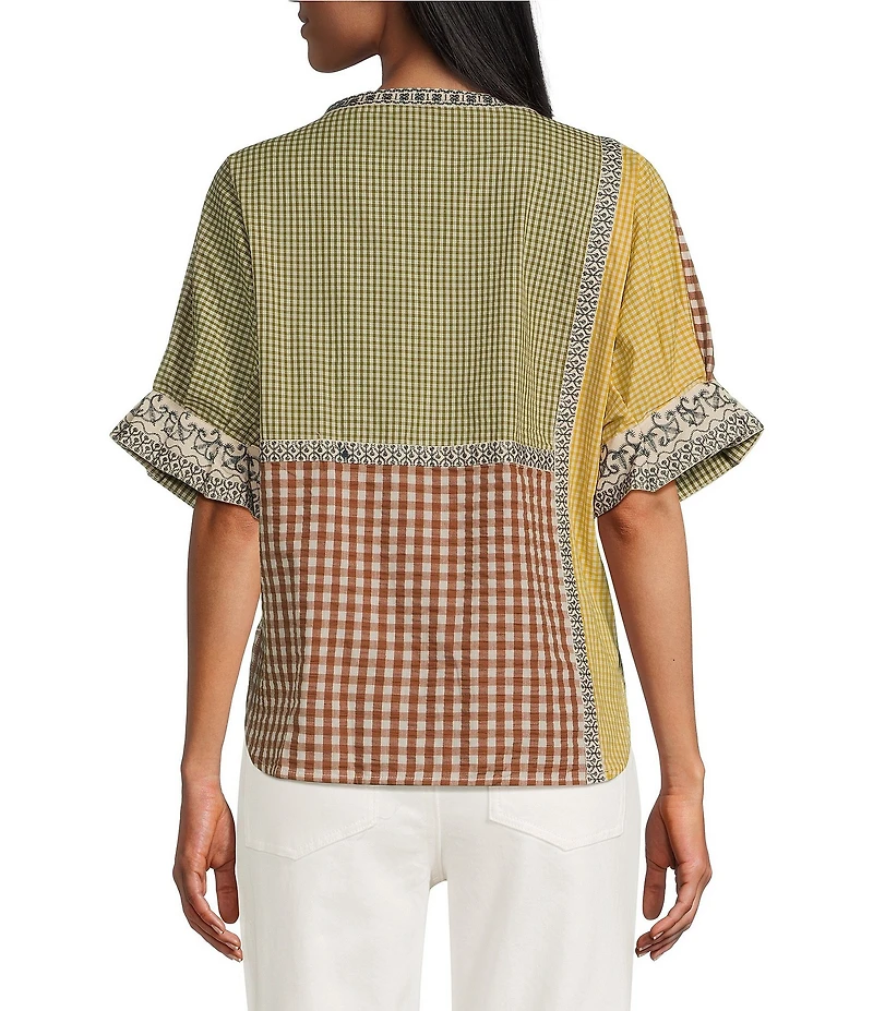 John Mark Yarn Dyed Mixed Check Patchwork Embroidered Band Collar Dolman Elbow Sleeve Button Front Shirt