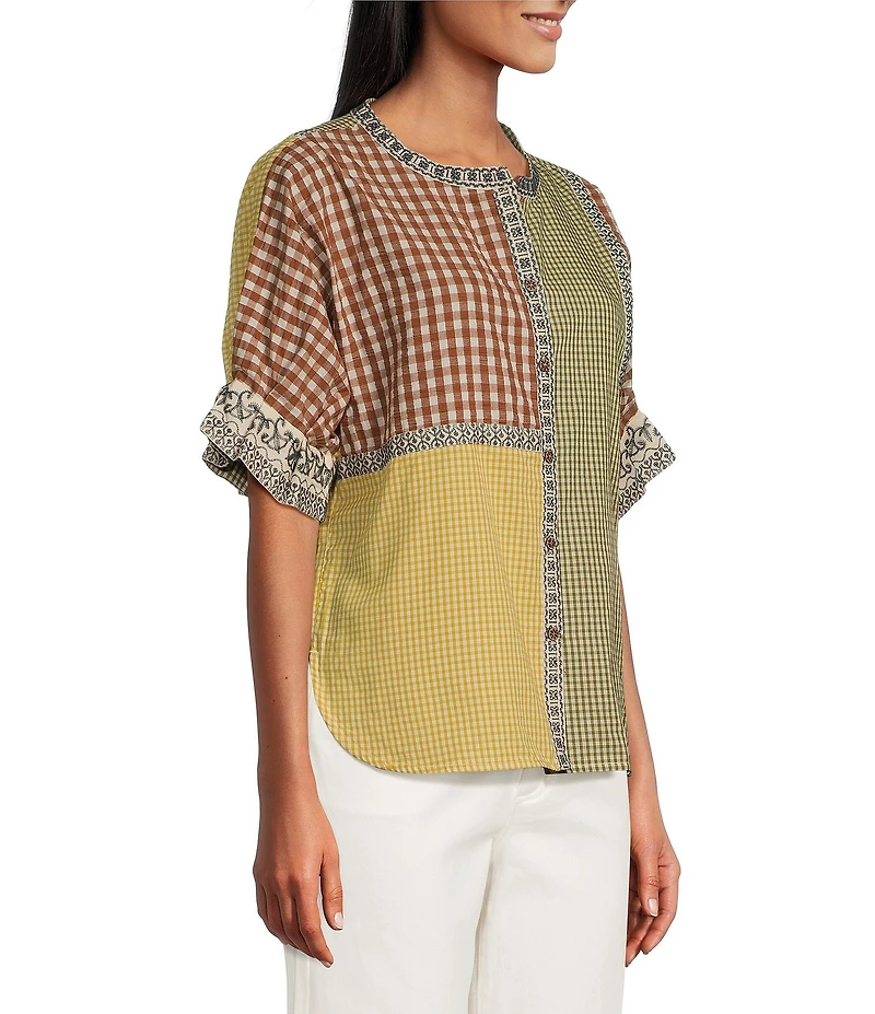 John Mark Yarn Dyed Mixed Check Patchwork Embroidered Band Collar Dolman Elbow Sleeve Button Front Shirt
