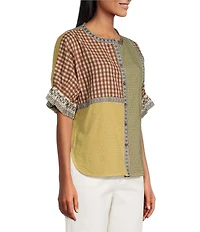 John Mark Yarn Dyed Mixed Check Patchwork Embroidered Band Collar Dolman Elbow Sleeve Button Front Shirt