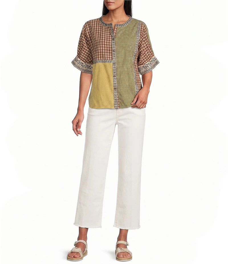John Mark Yarn Dyed Mixed Check Patchwork Embroidered Band Collar Dolman Elbow Sleeve Button Front Shirt